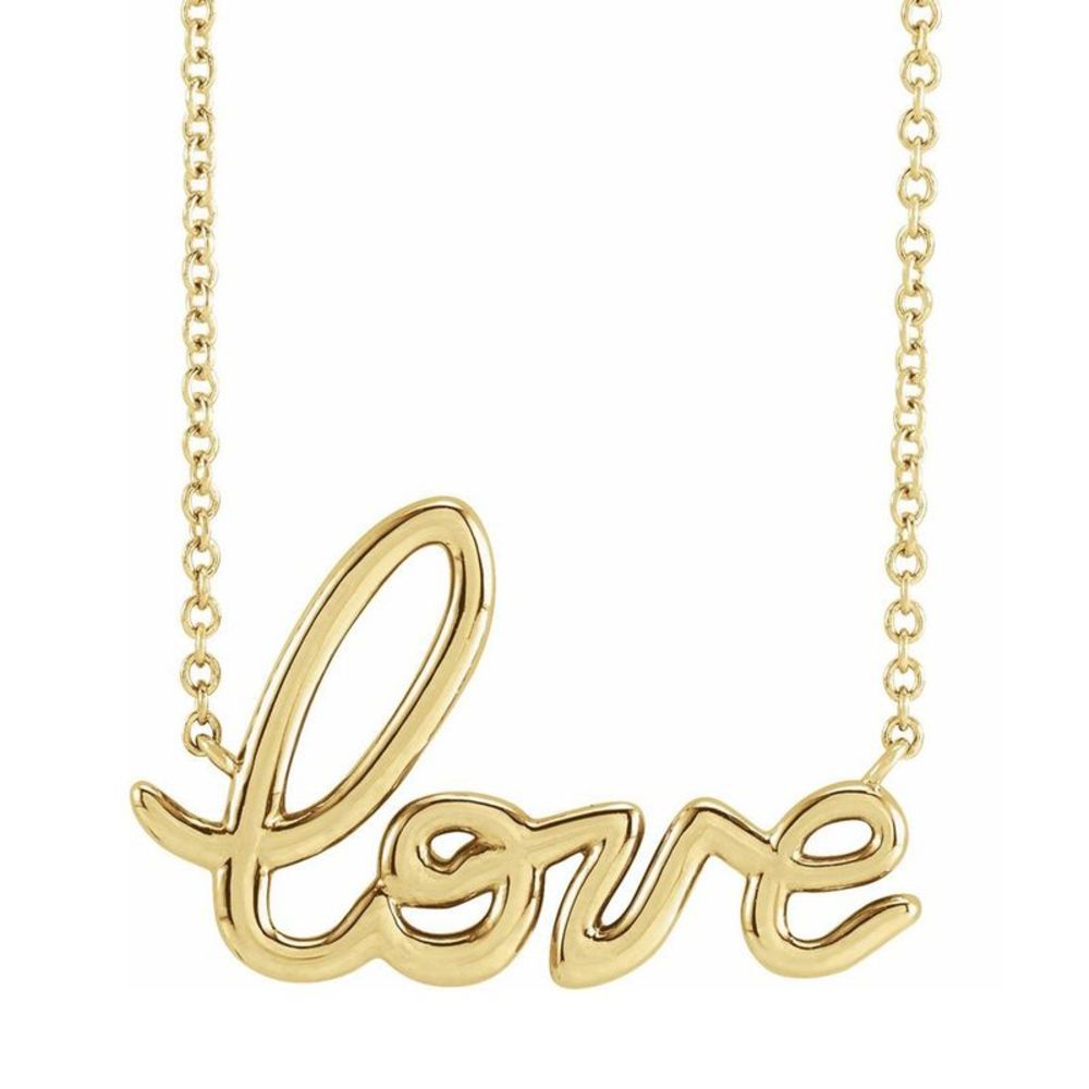 14K Yellow Gold Petite Love Script Necklace, 16 Inch